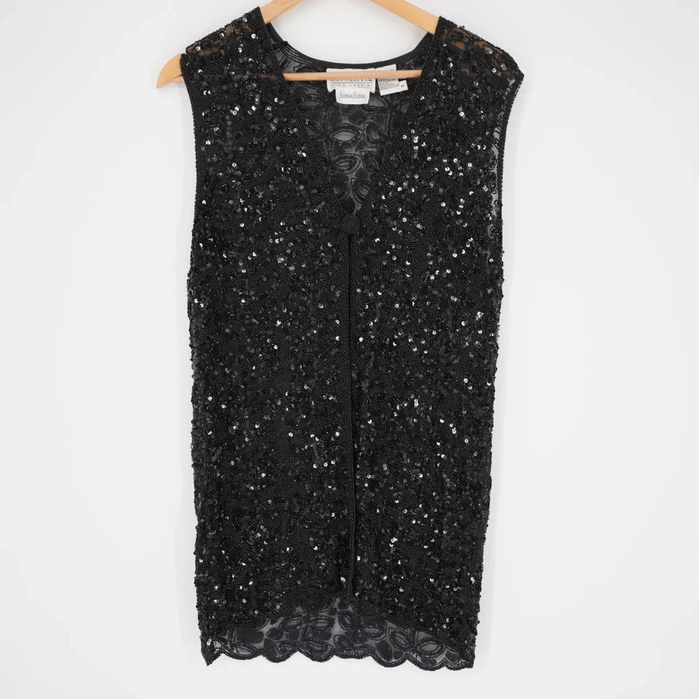 Vintage Oleg Cassini Beaded Sequined Silk Open Front Vest S Black NYE Event 90s